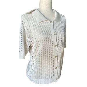 NWT Cream Crochet Knit Mesh Button-Up Short Sleeve Sweater Cardigan Size L